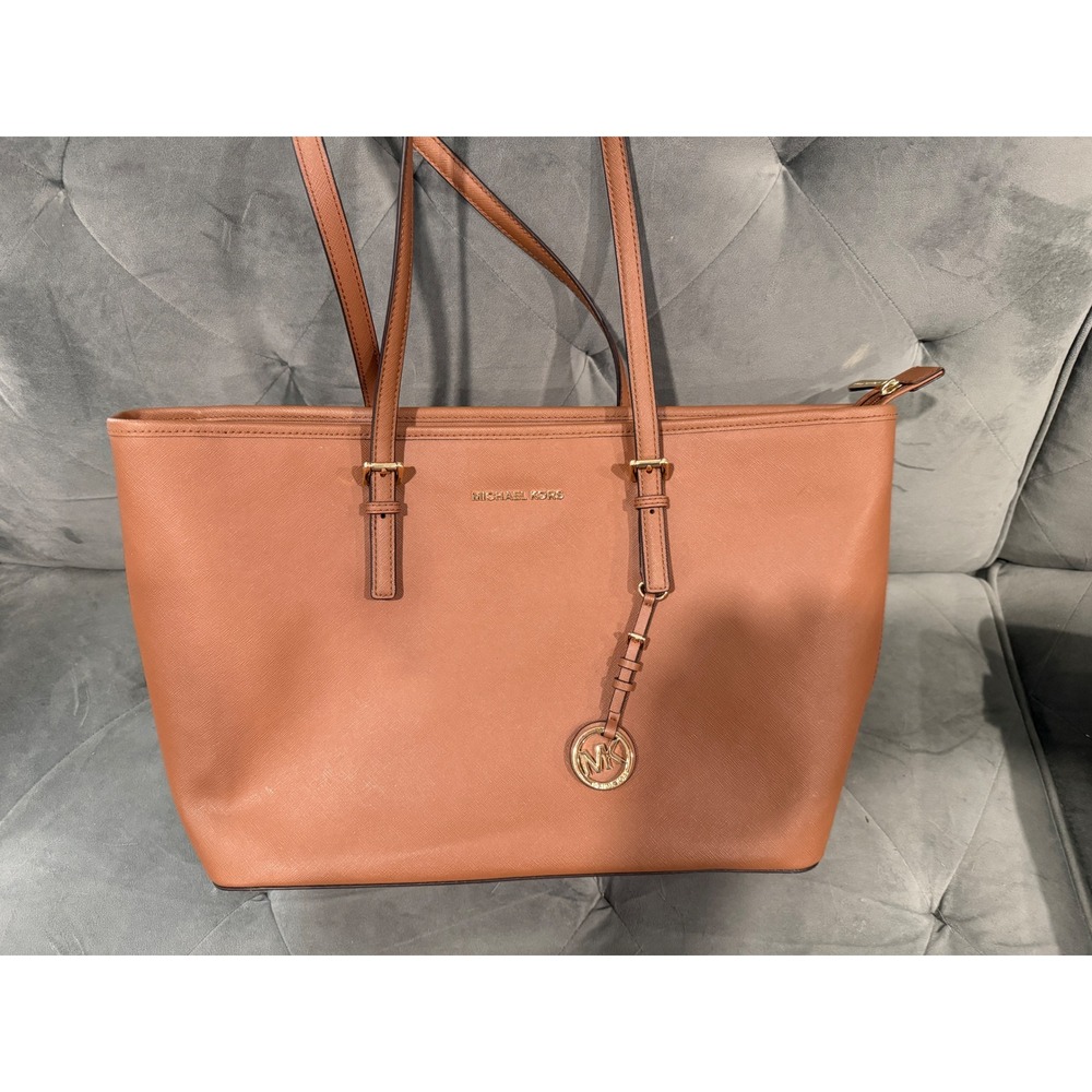 Michael Kors Tote Bag Brown Leather Gold Hardware Top Zip Large